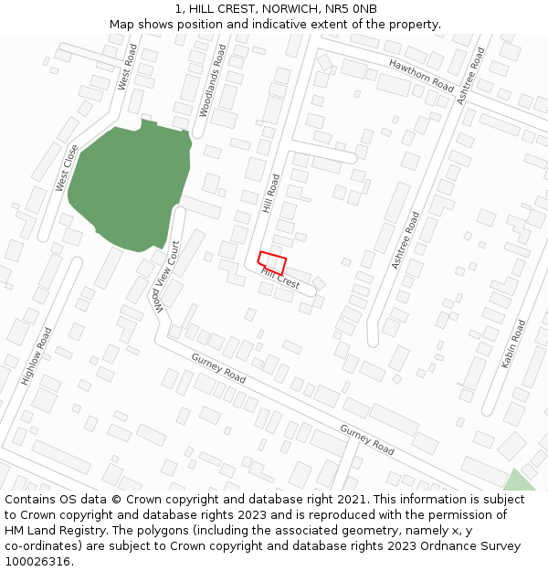 1, HILL CREST, NORWICH, NR5 0NB: Location map and indicative extent of plot