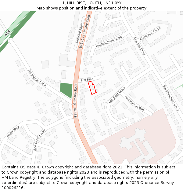 1, HILL RISE, LOUTH, LN11 0YY: Location map and indicative extent of plot