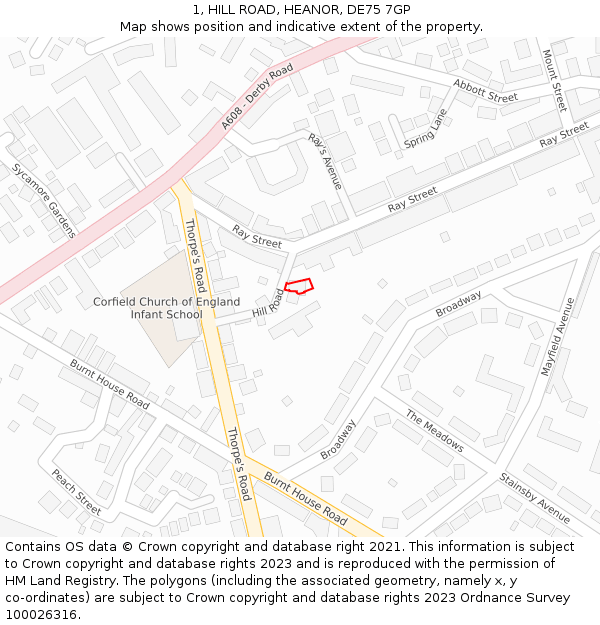 1, HILL ROAD, HEANOR, DE75 7GP: Location map and indicative extent of plot