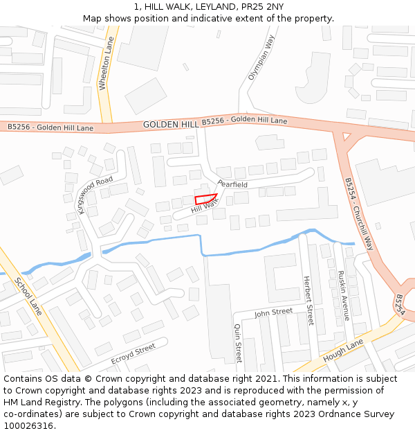1, HILL WALK, LEYLAND, PR25 2NY: Location map and indicative extent of plot