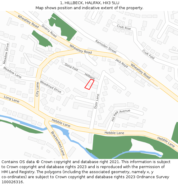 1, HILLBECK, HALIFAX, HX3 5LU: Location map and indicative extent of plot