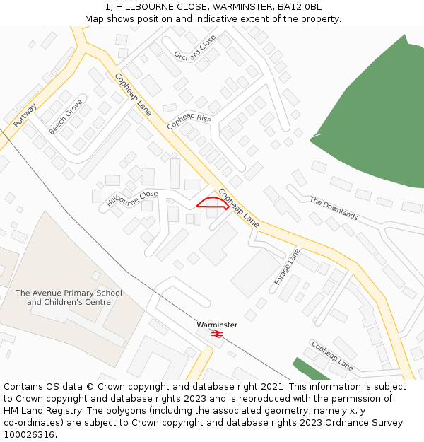 1, HILLBOURNE CLOSE, WARMINSTER, BA12 0BL: Location map and indicative extent of plot