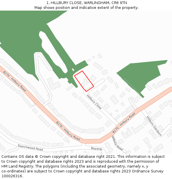 1, HILLBURY CLOSE, WARLINGHAM, CR6 9TN: Location map and indicative extent of plot