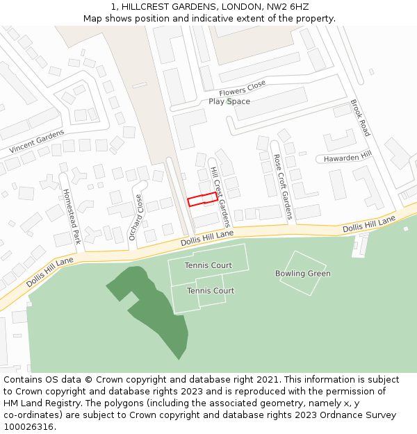 1, HILLCREST GARDENS, LONDON, NW2 6HZ: Location map and indicative extent of plot