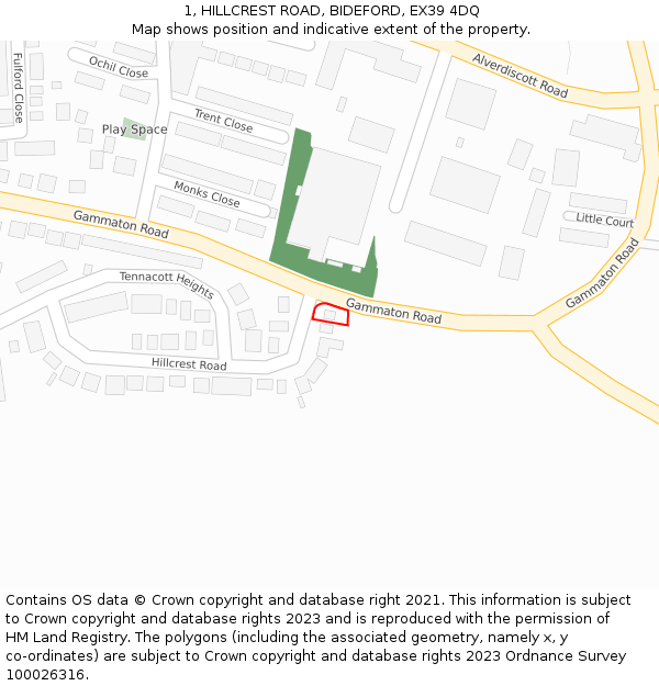 1, HILLCREST ROAD, BIDEFORD, EX39 4DQ: Location map and indicative extent of plot