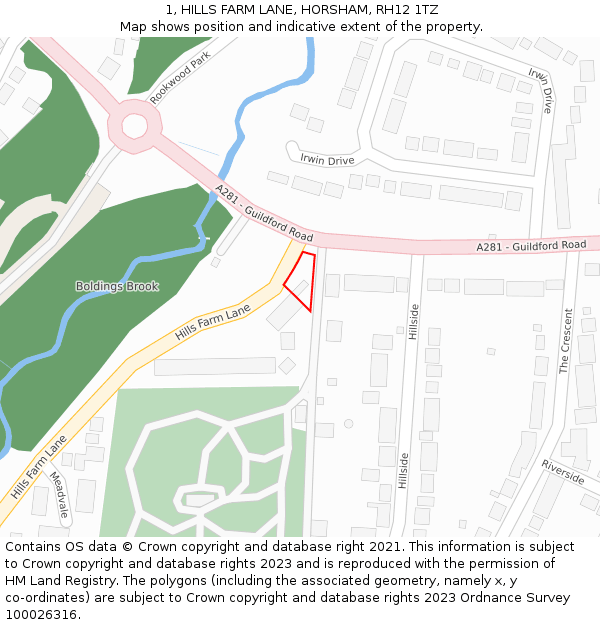 1, HILLS FARM LANE, HORSHAM, RH12 1TZ: Location map and indicative extent of plot