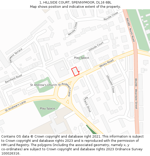 1, HILLSIDE COURT, SPENNYMOOR, DL16 6BL: Location map and indicative extent of plot