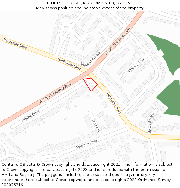 1, HILLSIDE DRIVE, KIDDERMINSTER, DY11 5PP: Location map and indicative extent of plot