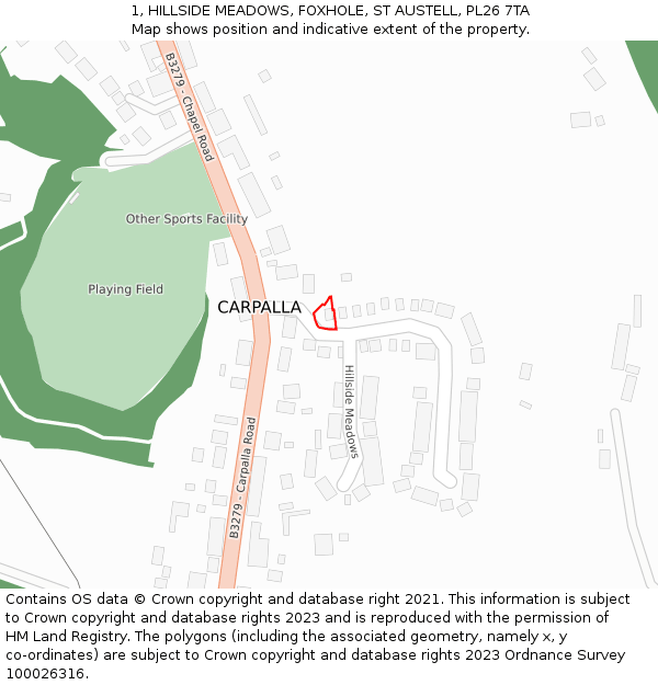 1, HILLSIDE MEADOWS, FOXHOLE, ST AUSTELL, PL26 7TA: Location map and indicative extent of plot