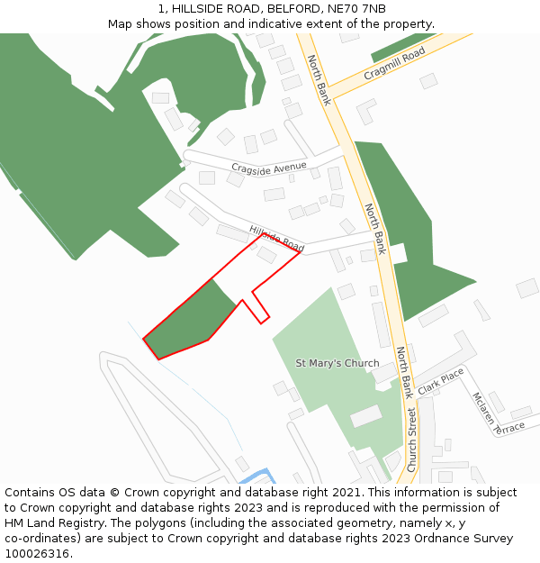 1, HILLSIDE ROAD, BELFORD, NE70 7NB: Location map and indicative extent of plot