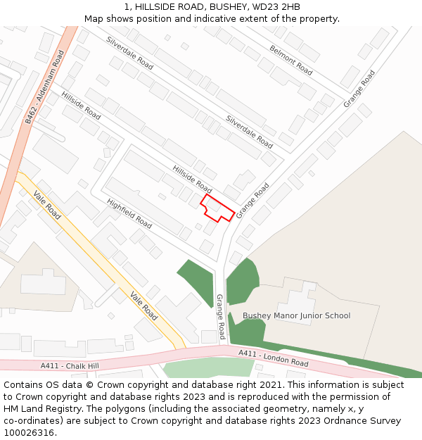 1, HILLSIDE ROAD, BUSHEY, WD23 2HB: Location map and indicative extent of plot