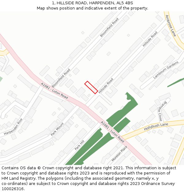 1, HILLSIDE ROAD, HARPENDEN, AL5 4BS: Location map and indicative extent of plot