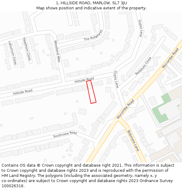 1, HILLSIDE ROAD, MARLOW, SL7 3JU: Location map and indicative extent of plot
