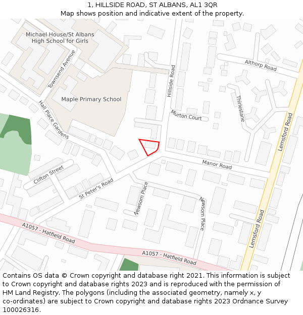 1, HILLSIDE ROAD, ST ALBANS, AL1 3QR: Location map and indicative extent of plot