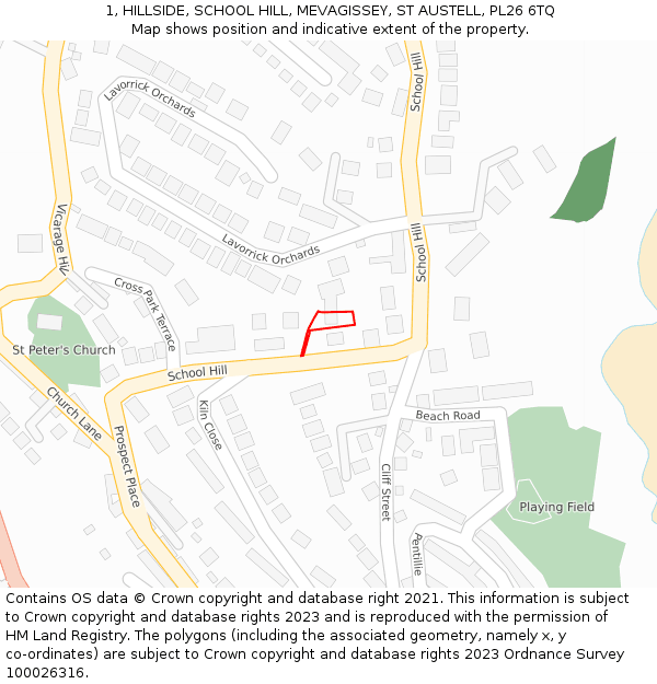 1, HILLSIDE, SCHOOL HILL, MEVAGISSEY, ST AUSTELL, PL26 6TQ: Location map and indicative extent of plot