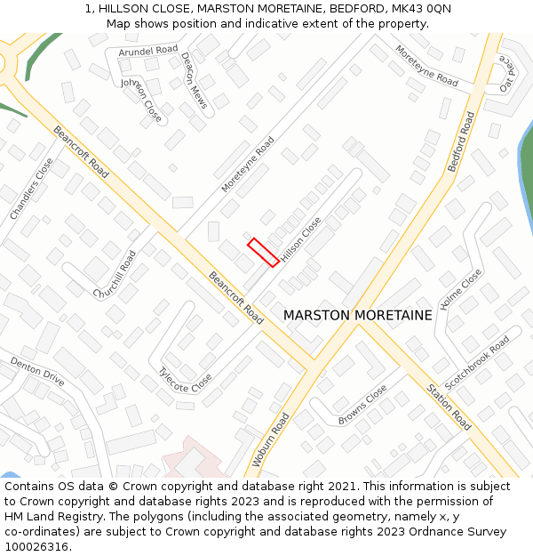 1, HILLSON CLOSE, MARSTON MORETAINE, BEDFORD, MK43 0QN: Location map and indicative extent of plot