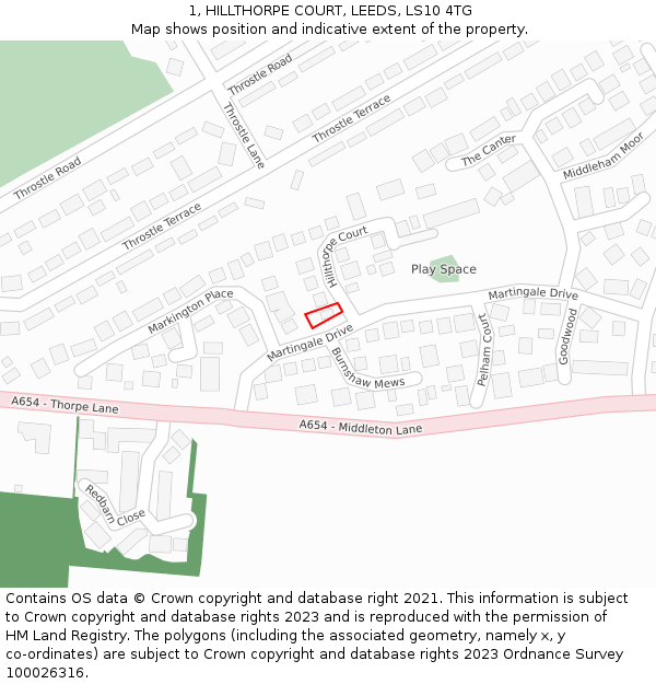1, HILLTHORPE COURT, LEEDS, LS10 4TG: Location map and indicative extent of plot