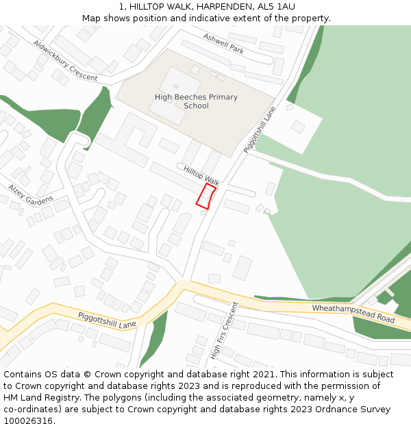 1, HILLTOP WALK, HARPENDEN, AL5 1AU: Location map and indicative extent of plot