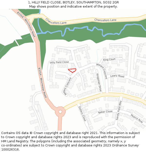 1, HILLY FIELD CLOSE, BOTLEY, SOUTHAMPTON, SO32 2GR: Location map and indicative extent of plot