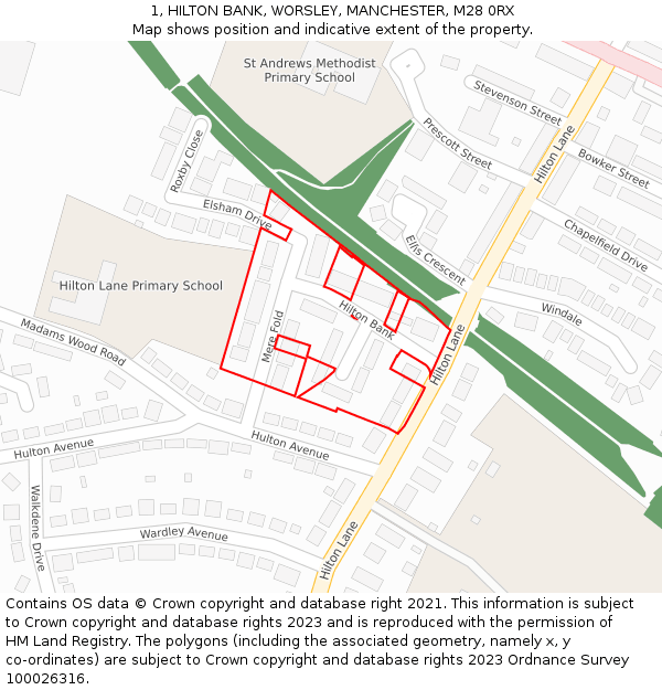 1, HILTON BANK, WORSLEY, MANCHESTER, M28 0RX: Location map and indicative extent of plot