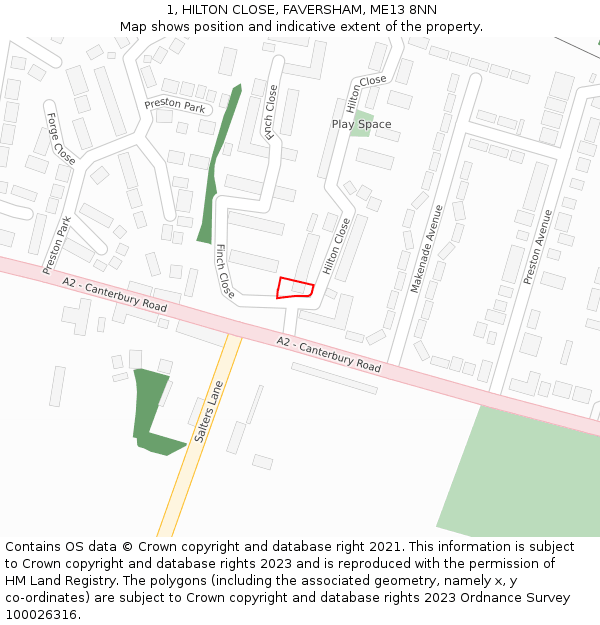 1, HILTON CLOSE, FAVERSHAM, ME13 8NN: Location map and indicative extent of plot