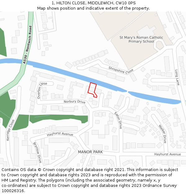 1, HILTON CLOSE, MIDDLEWICH, CW10 0PS: Location map and indicative extent of plot