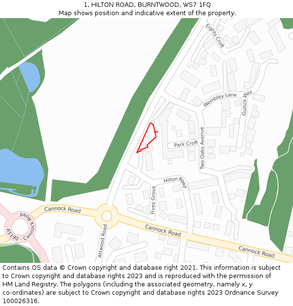 1, HILTON ROAD, BURNTWOOD, WS7 1FQ: Location map and indicative extent of plot