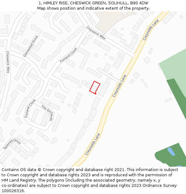 1, HIMLEY RISE, CHESWICK GREEN, SOLIHULL, B90 4DW: Location map and indicative extent of plot
