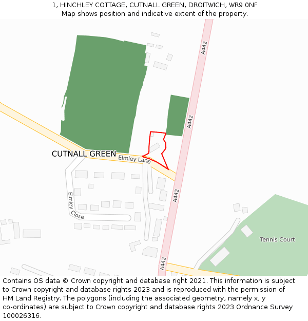 1, HINCHLEY COTTAGE, CUTNALL GREEN, DROITWICH, WR9 0NF: Location map and indicative extent of plot