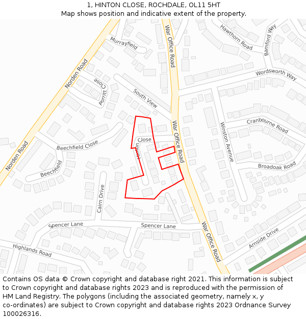 1, HINTON CLOSE, ROCHDALE, OL11 5HT: Location map and indicative extent of plot