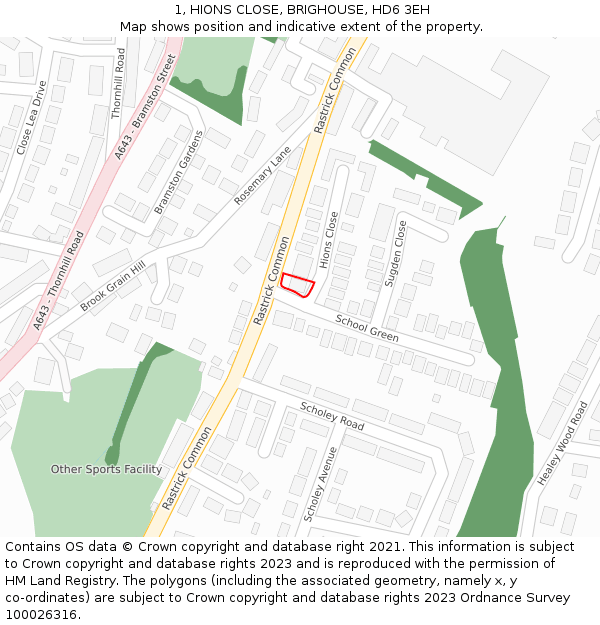 1, HIONS CLOSE, BRIGHOUSE, HD6 3EH: Location map and indicative extent of plot