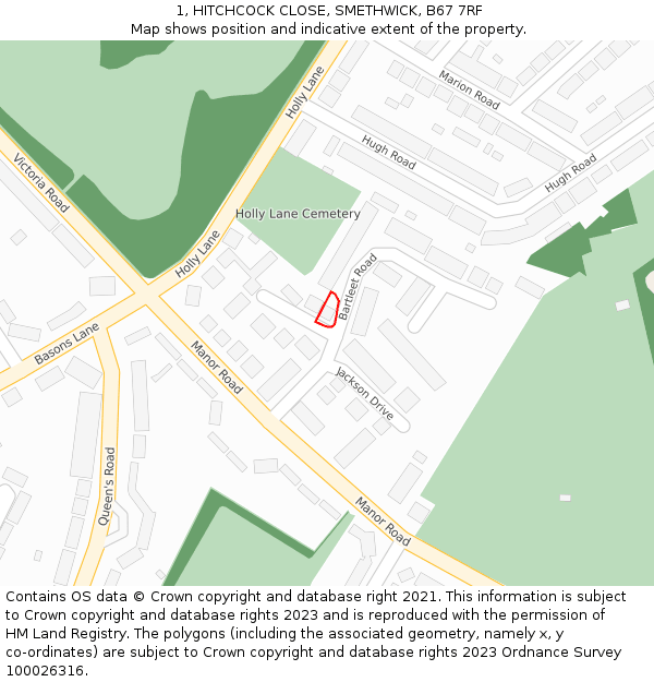 1, HITCHCOCK CLOSE, SMETHWICK, B67 7RF: Location map and indicative extent of plot