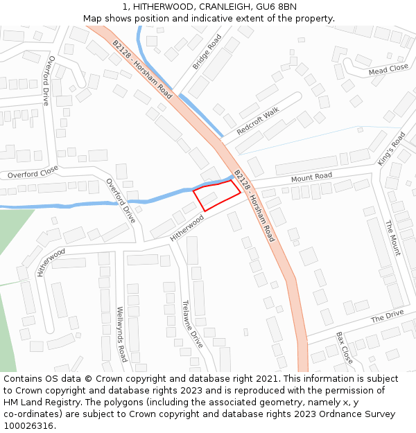 1, HITHERWOOD, CRANLEIGH, GU6 8BN: Location map and indicative extent of plot