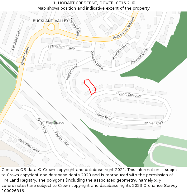 1, HOBART CRESCENT, DOVER, CT16 2HP: Location map and indicative extent of plot