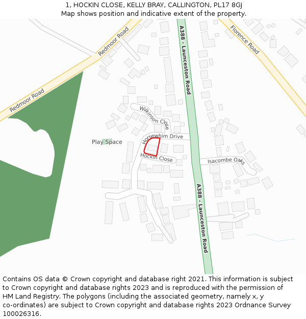 1, HOCKIN CLOSE, KELLY BRAY, CALLINGTON, PL17 8GJ: Location map and indicative extent of plot