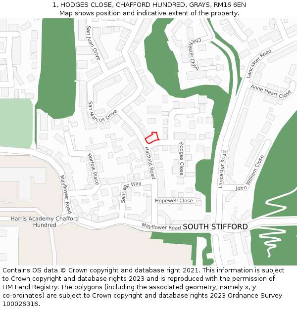 1, HODGES CLOSE, CHAFFORD HUNDRED, GRAYS, RM16 6EN: Location map and indicative extent of plot