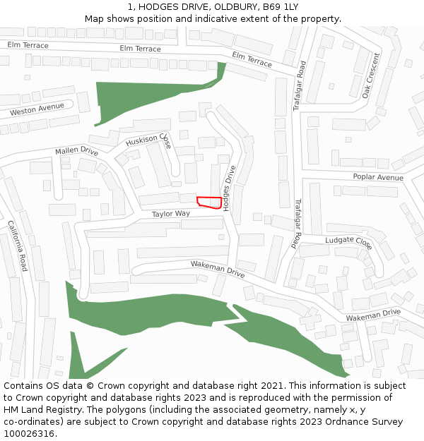 1, HODGES DRIVE, OLDBURY, B69 1LY: Location map and indicative extent of plot