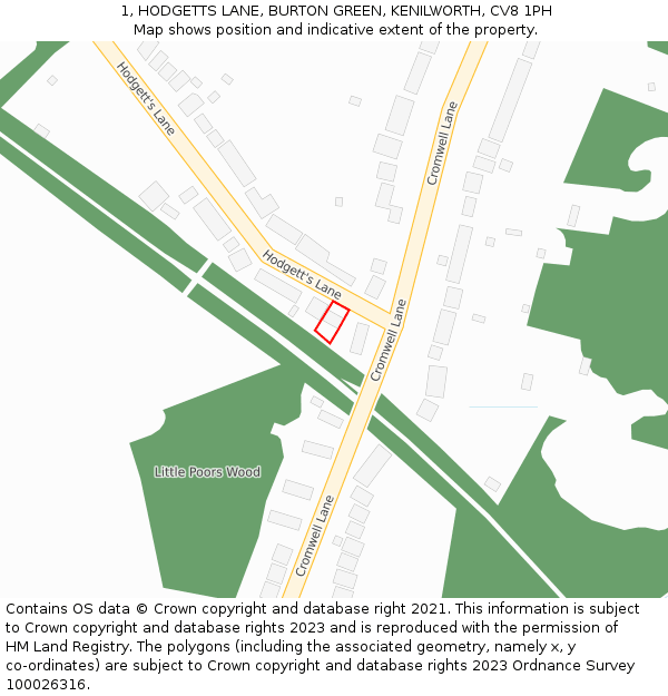 1, HODGETTS LANE, BURTON GREEN, KENILWORTH, CV8 1PH: Location map and indicative extent of plot