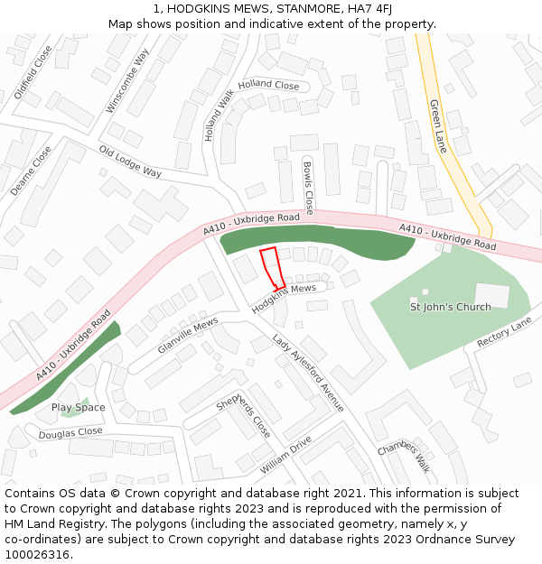 1, HODGKINS MEWS, STANMORE, HA7 4FJ: Location map and indicative extent of plot