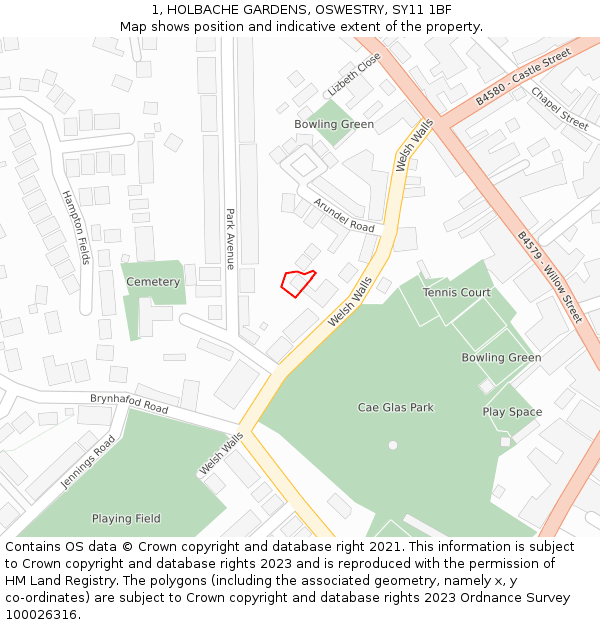 1, HOLBACHE GARDENS, OSWESTRY, SY11 1BF: Location map and indicative extent of plot