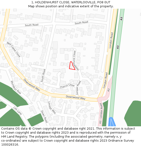 1, HOLDENHURST CLOSE, WATERLOOVILLE, PO8 0UT: Location map and indicative extent of plot