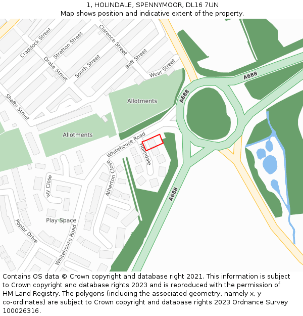 1, HOLINDALE, SPENNYMOOR, DL16 7UN: Location map and indicative extent of plot