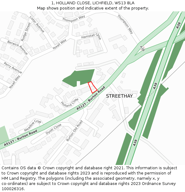 1, HOLLAND CLOSE, LICHFIELD, WS13 8LA: Location map and indicative extent of plot