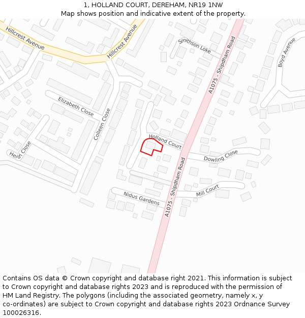 1, HOLLAND COURT, DEREHAM, NR19 1NW: Location map and indicative extent of plot