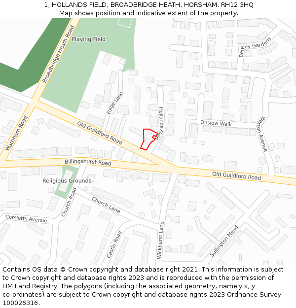 1, HOLLANDS FIELD, BROADBRIDGE HEATH, HORSHAM, RH12 3HQ: Location map and indicative extent of plot