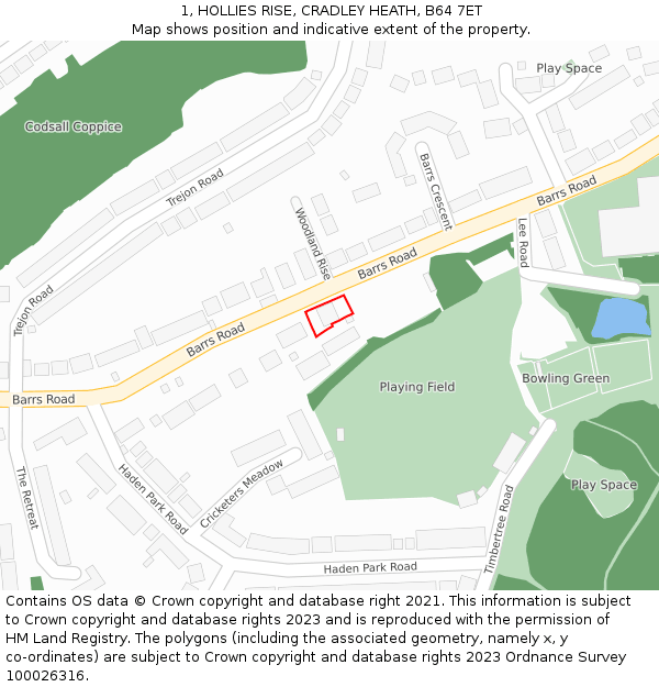 1, HOLLIES RISE, CRADLEY HEATH, B64 7ET: Location map and indicative extent of plot