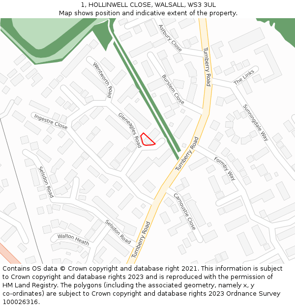 1, HOLLINWELL CLOSE, WALSALL, WS3 3UL: Location map and indicative extent of plot
