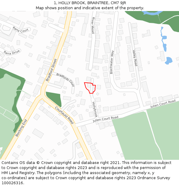 1, HOLLY BROOK, BRAINTREE, CM7 9JR: Location map and indicative extent of plot
