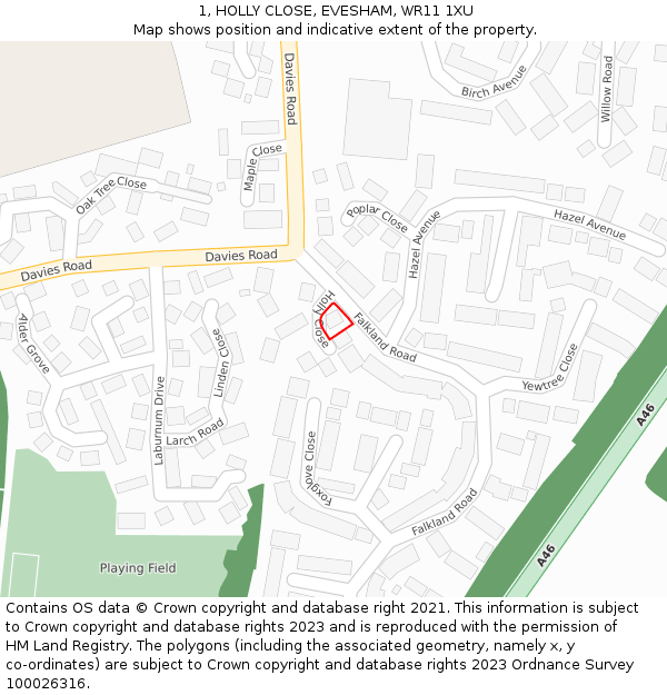 1, HOLLY CLOSE, EVESHAM, WR11 1XU: Location map and indicative extent of plot