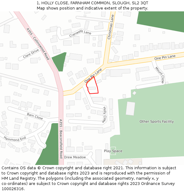 1, HOLLY CLOSE, FARNHAM COMMON, SLOUGH, SL2 3QT: Location map and indicative extent of plot